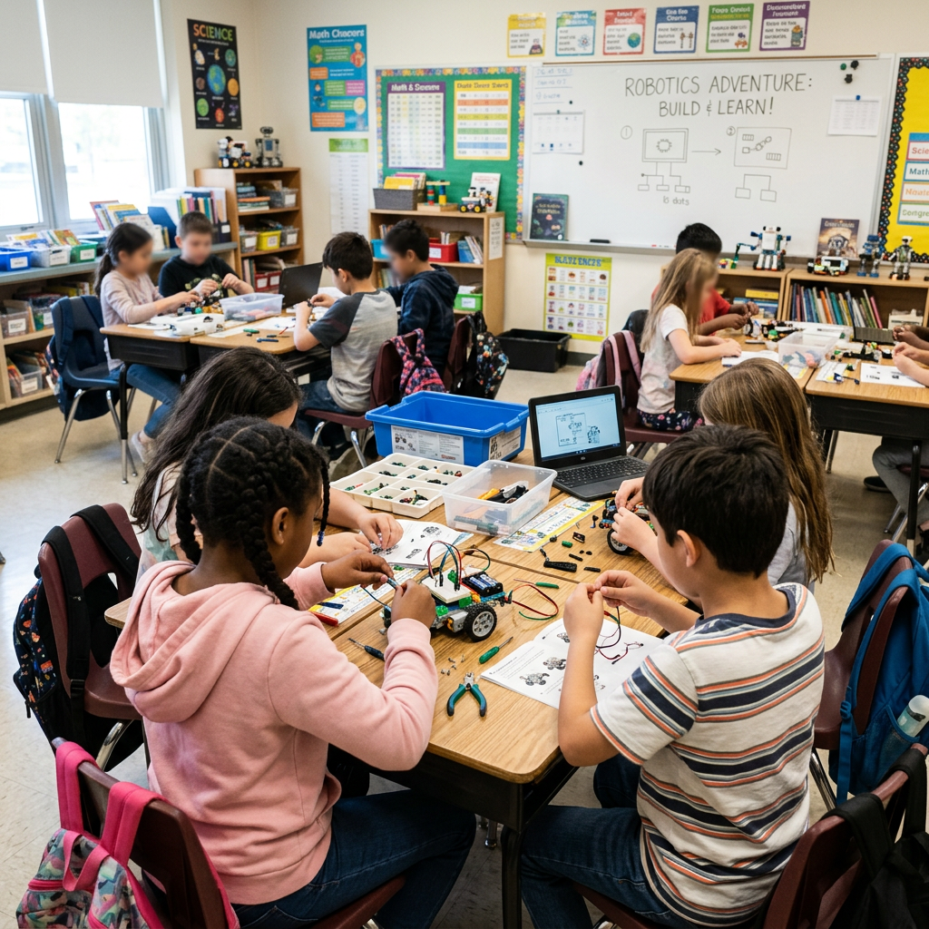 Children assembling robotics kits and circuits in a classroom setting.